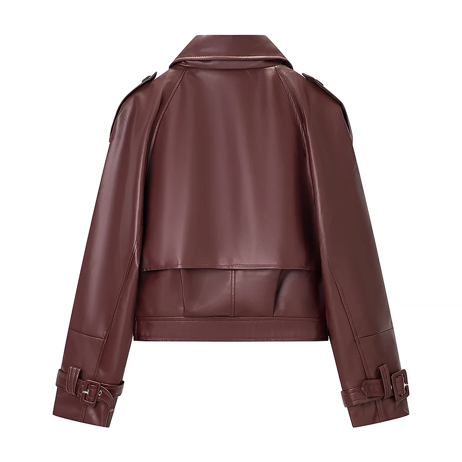 3 ألوان ربيع جديد الأمريكية الرجعية المرأة بولي Leather سترة جلدية التلبيب طوق مشبك حزام تنحنح معطف طويل الأكمام ملابس خارجية قصيرة فضفاضة