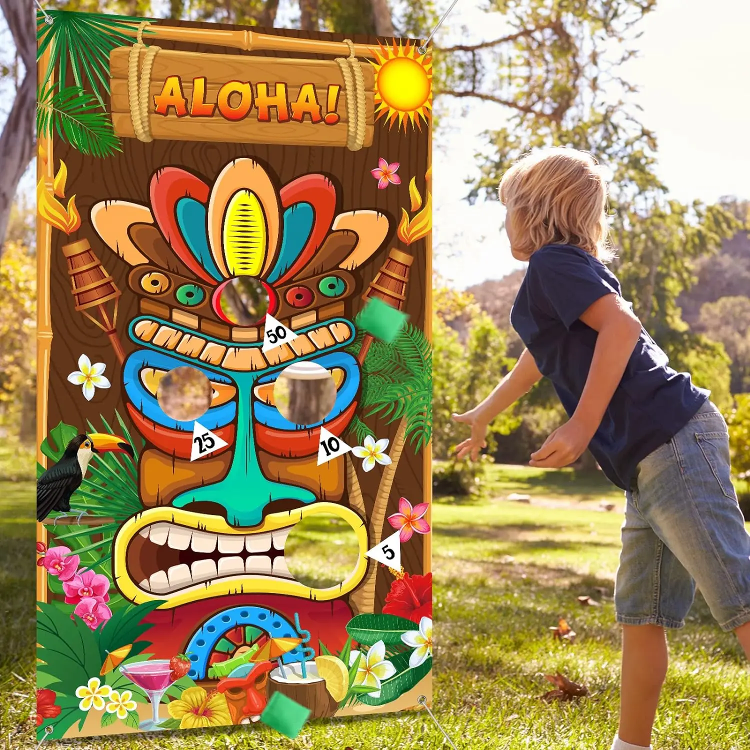 1 zestaw, baner do gier Luau Party Toss z 3 workami z piaskiem, Totem na letnią tropikalną imprezę karnawałową, hawajskie artykuły do gry Tiki