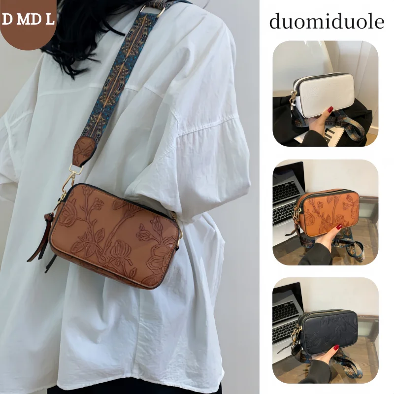 

2026 Spring Retro Ethnic Matte PU Crossbody Bag Women's Tan Brown Embossed Pattern Wide Print Strap Daily Casual Bag Ready Stock