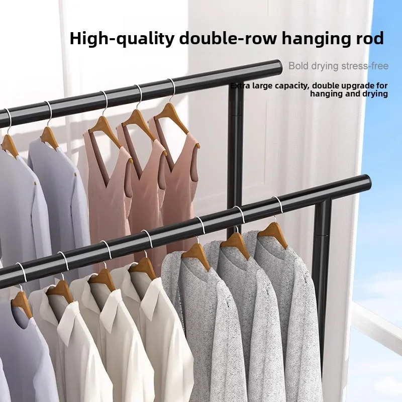 ملابس قائم على الأرض بطبقة مزدوجة Drng Ra بسيطة وشرفة متنقلة غير قابلة للصدأ للاستخدام المنزلي وغرفة النوم من الفولاذ الكربوني