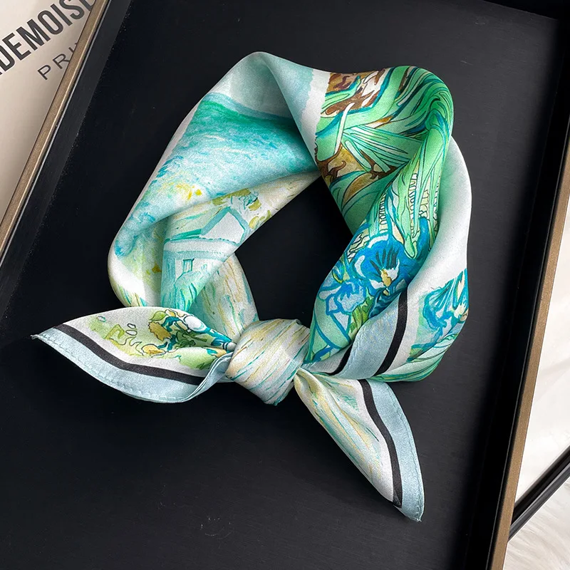 Green embroidered silk small square scarf