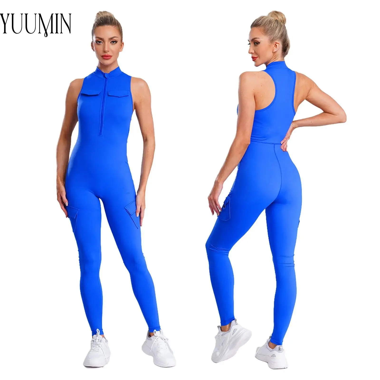 

Women Zip-Up Workout Jumpsuit Stand Collar Sleeveless Tight Bodysuit with Flap Pockets for Yoga Gym Fitness Beach Party Swimwear