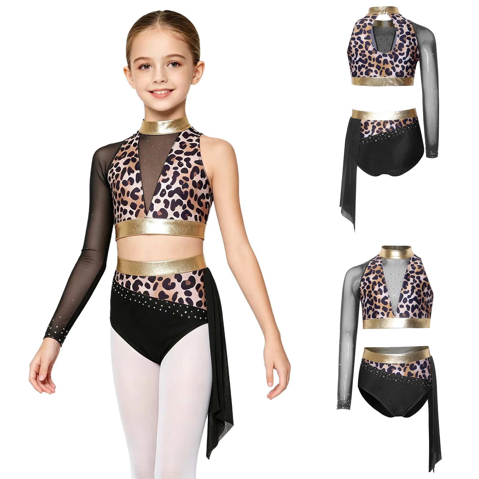 Girls Mesh Rhinestone Crop Top and Pants Hip Hop Jazz Dance Set Sparkly Stretchy for Stage Competition Street Performance