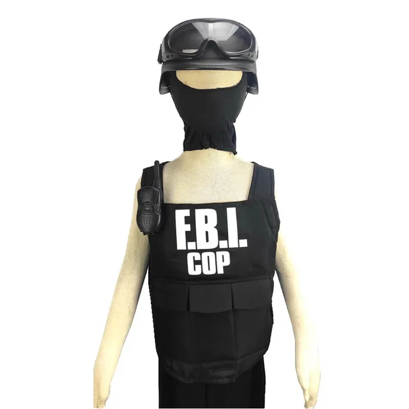 Uniforme de agente especial del FBI, chaleco antibalas, trajes de policía, disfraz de Halloween elegante para niños, tocado de Carnaval, casco, accesorio