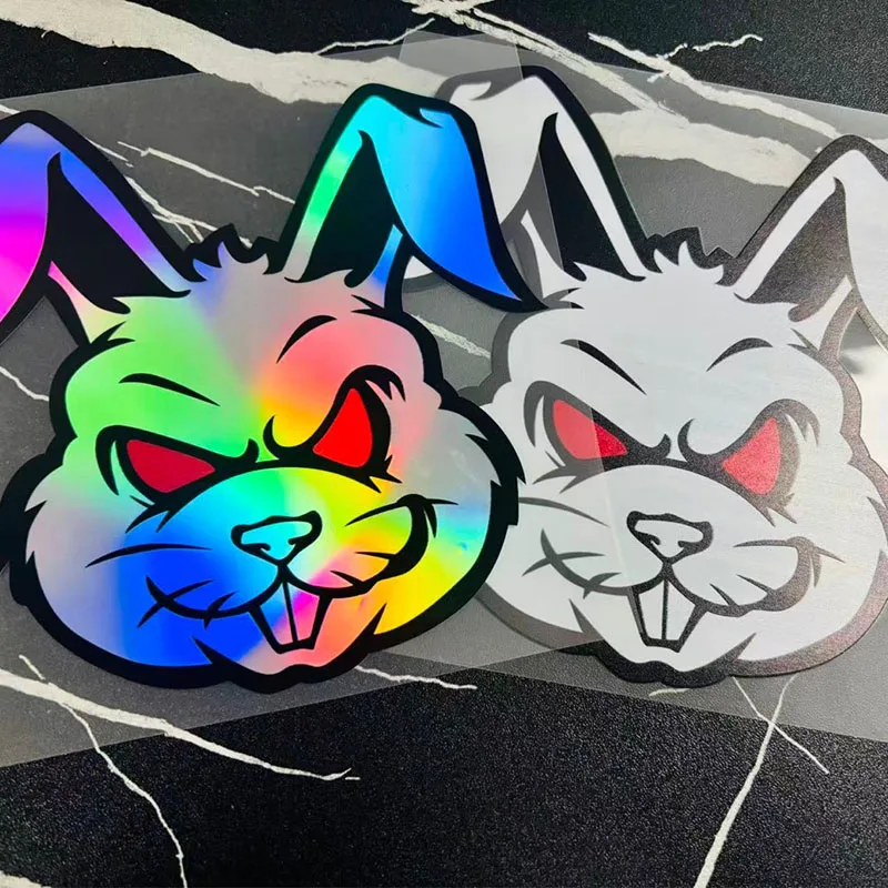 1PC Devil Rabbit Motorcycle Vinyl Stickers - Waterproof with Laser Effect, Glowing Red Eyes & Reflective Color-Changing Design