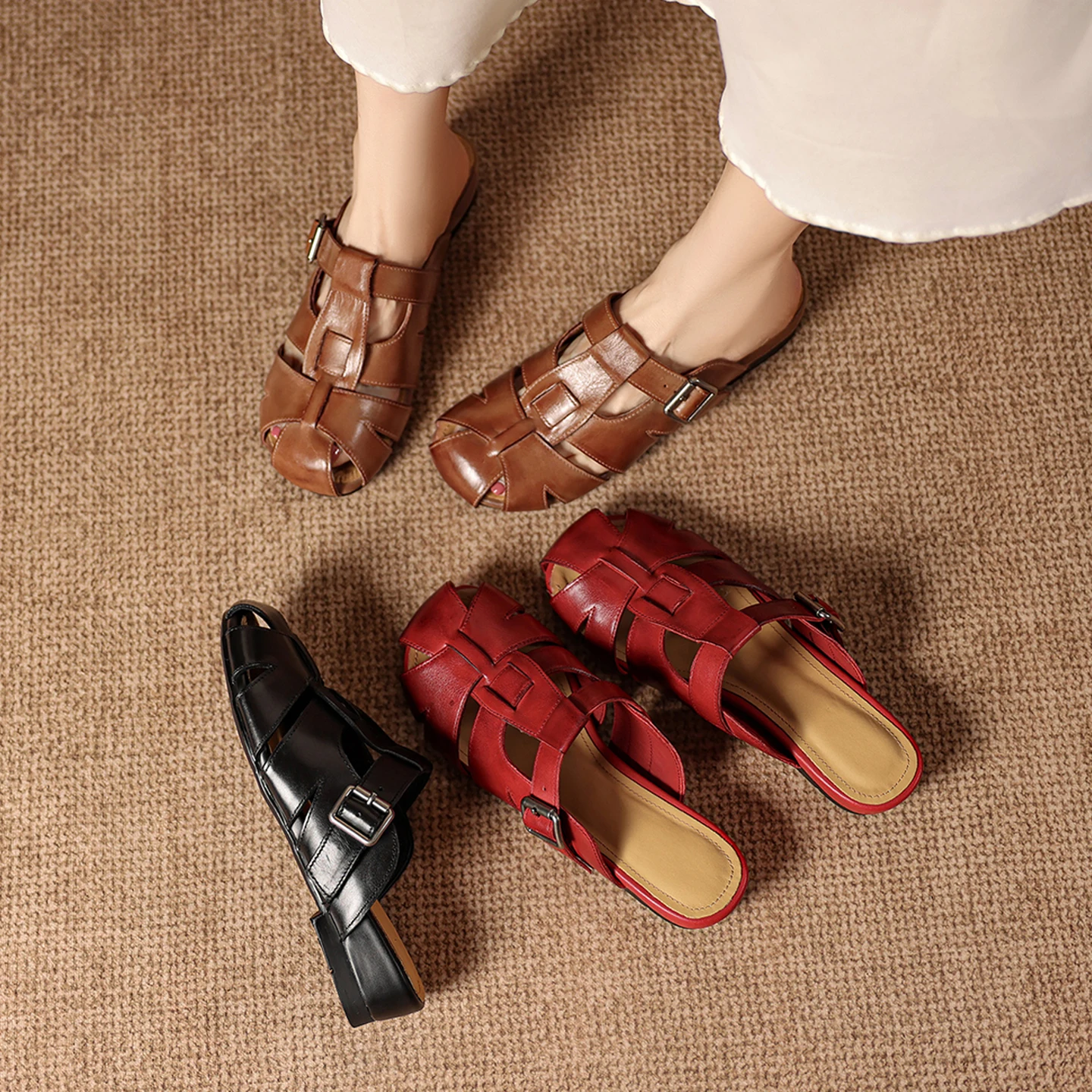 2026 new summer women sandals natural leather 22-25cm cowhide+sheepskin cross-strap mules high heel women slippers fashion