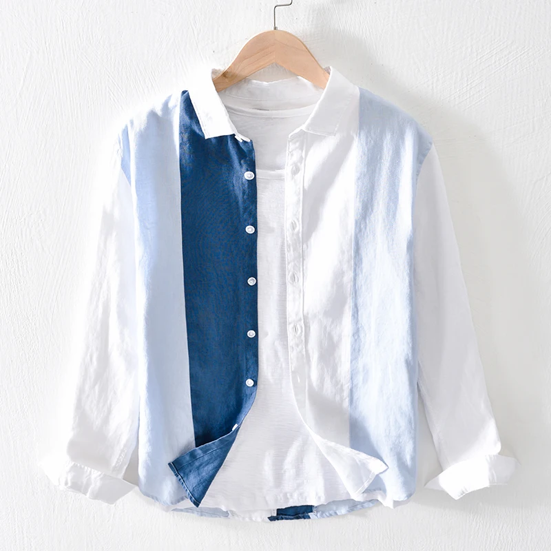 

Свободный крой, льняной хлопок irt, мужской Long Sve, повседневная тонкая одежда для боди-арта, японская верхняя одежда Splicing irt для молодежи