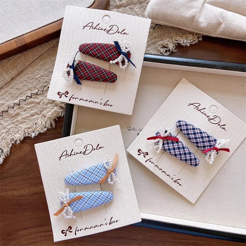 

2pcs/set Plaid Pearl Bow BB Clip Children's Hair Accessories Triangular Hair Clips Hairpin Girls Bangs Side Clip Kids Headwear