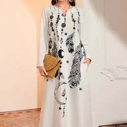 American Spring and Autumn Women's 2024 New Spliced V-neck Printed Fashion Loose Minimalist Casual Versatile Long Sleeve Dresses