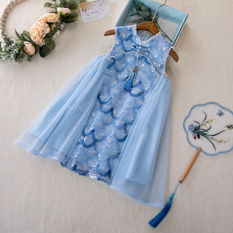 2024 Costume Tank top dress Princess Dress Ball Gown Dress Up For Girls Kids Baby pearl Sequin Cosplay Clothes 2-10T 