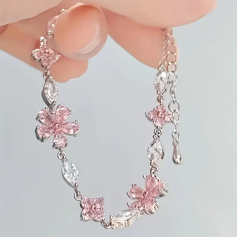 1 pulsera de cadena con diseño de flor de cerezo rosa para mujer, moderna, linda y exquisita, ajustable, con pétalos cuadrados, ideal como regalo navideño