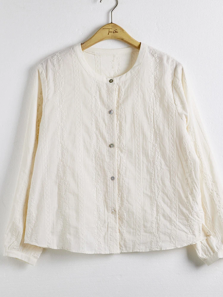 New Autumn Cotton Embroidery Shirt, Women French Tops Long Sleeve, Mori Girl Casual Loose O Neck Blouses, 2024 Winter T49202KC