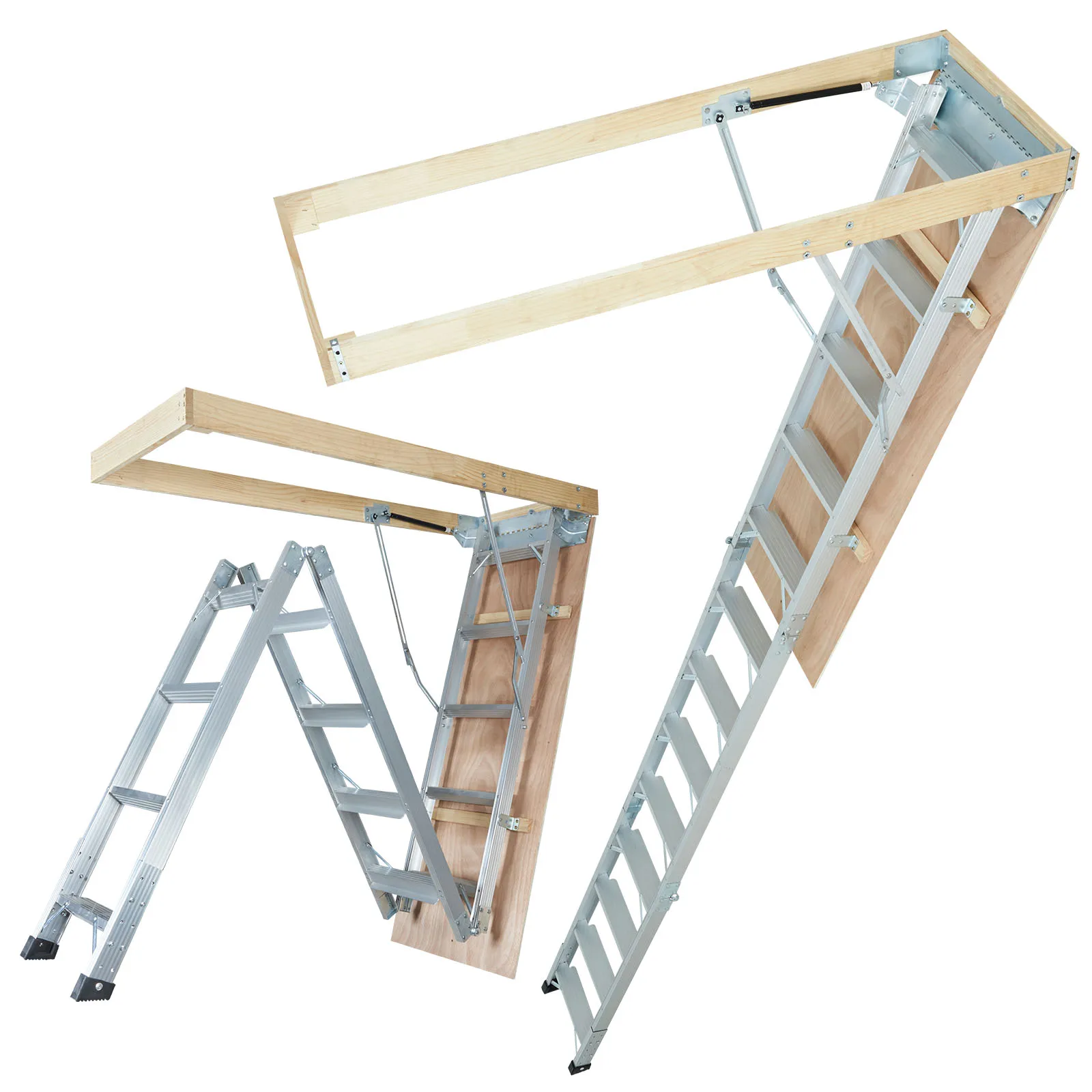 

SucceBuy Attic Ladder Foldable 350pound 22.5" x 63" Multi-Purpose Aluminium Extension Light Fits 9.5'-12' Ceiling Heights