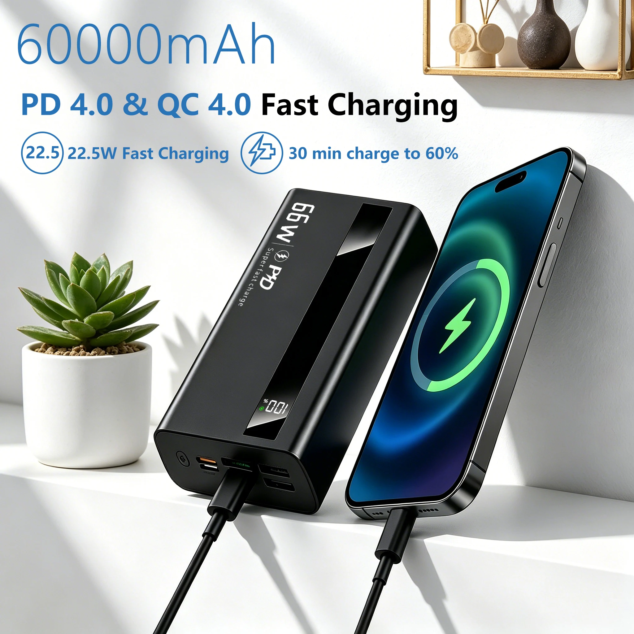 60000mAh Powerbank mit Superkapazität, 66W schnelles Laden, intelligente digitale Anzeige, Ladefunktion für mehrere Geräte, tragbares Ladegerät mit Lithium-Polymer-Akku, Notstromversorgung für