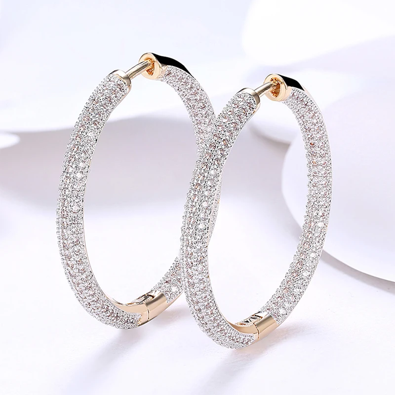 925 Sterling Silver 34mm 18K Gold Zircon Circle Hoop Earrings For Women Fashion Wedding Jewelry