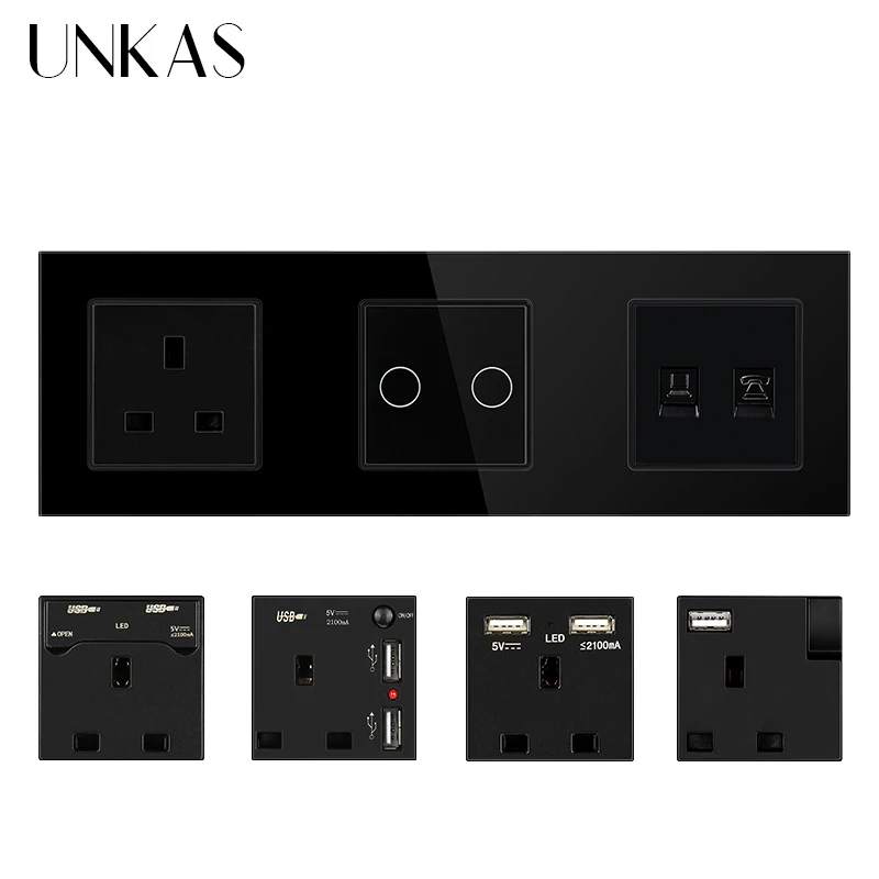 

UNKAS LED UK Socket Black Glass Panel 1 2 Gang WIFI Tuya Touch On / Off Switch HDMI-Compatible Dual USB DIY Free Combination