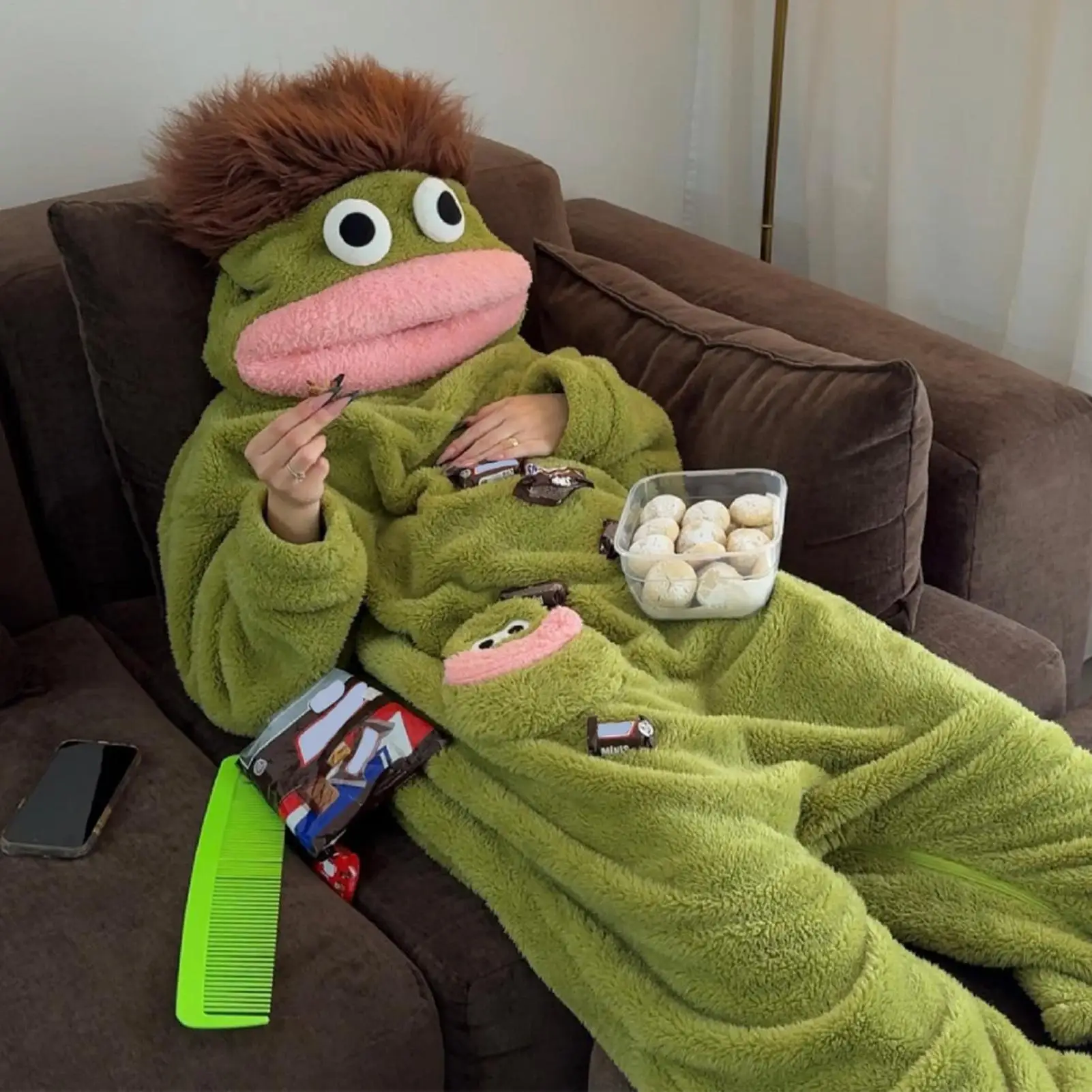 Green Monsterr Onesie Pajamas For Couples, 3D Hooded Fleece Lined Adult Romper, Soft Plush Sleepwear Costume For Home Travel