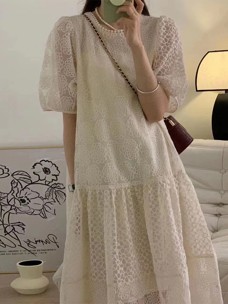 

Beautiful Apricot O Neck Lace Hook Flower Loose Casual Bubble Sleeve Long Dress For Women 2024 New Spring Summer X817