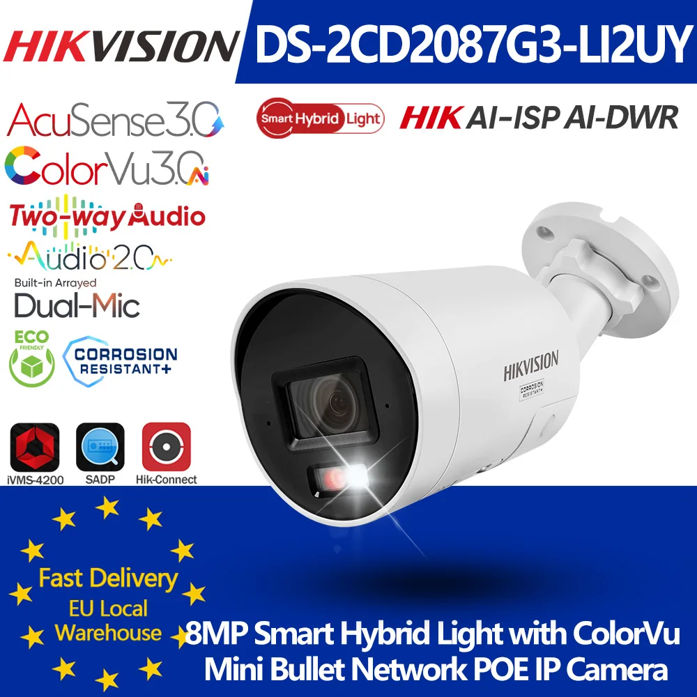 Hikvision DS-2CD2087G3-LI2UY 8MP Smart Hybrid Light ColorVu3.0 Acusense3.0 Telecamera di rete POE 1/1.8 F1.0 Doppio microfono AI ISP e WDR IPC
