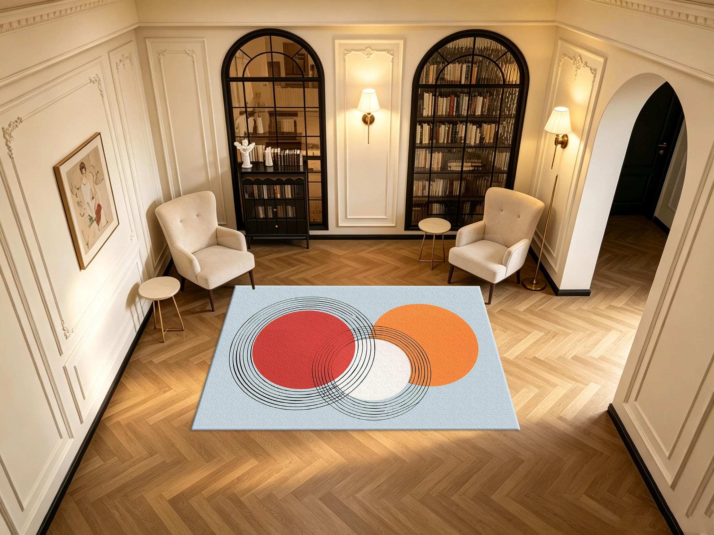 Mid-Century Abstract Circle Geometric Carpet Flooring Red Orange White Overlap Circles Art Printed Square Area Rug for Modern Home Ornament