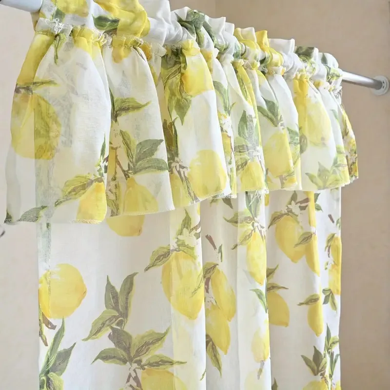 Pastoral Lemon Print Short Curtain Window Treatment Sheers for Living Room Kitchen Cabinet Decorative