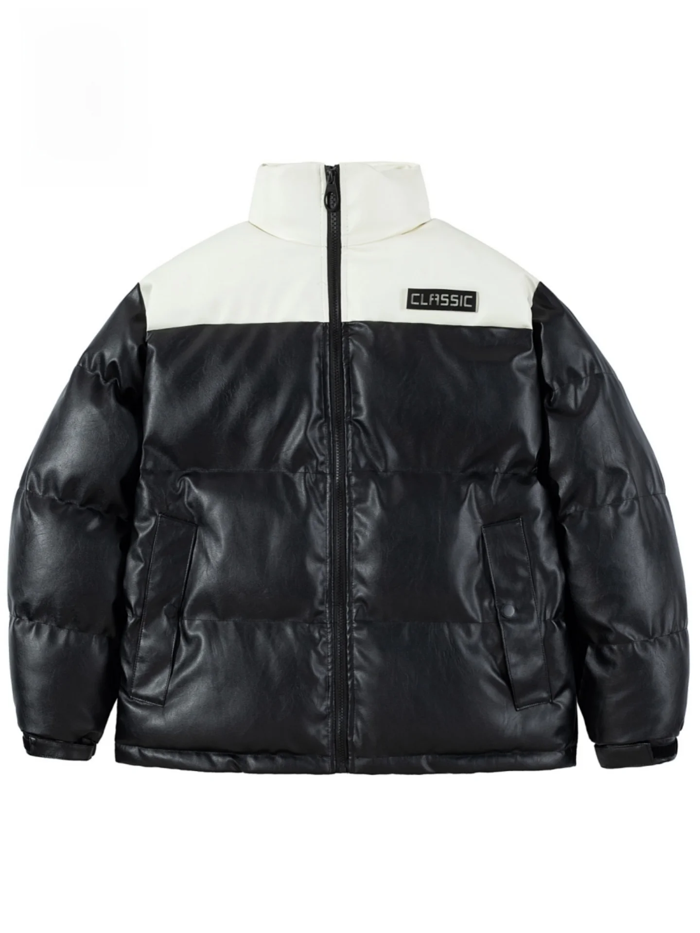 

Утепленная куртка из искусственной кожи и хлопка в стиле пэчворк, свободного кроя, с воротником-стойкой, повседневная, для мужчин и женщин, зимняя теплая верхняя одежда