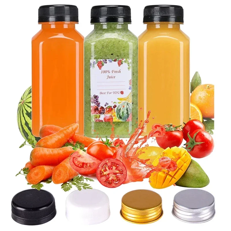 Garrafas de suco de plástico vazias transparentes, 60ml-500ml, com tampas, garrafa de água reutilizável, recipientes de smoothie com funil, com 10 peças