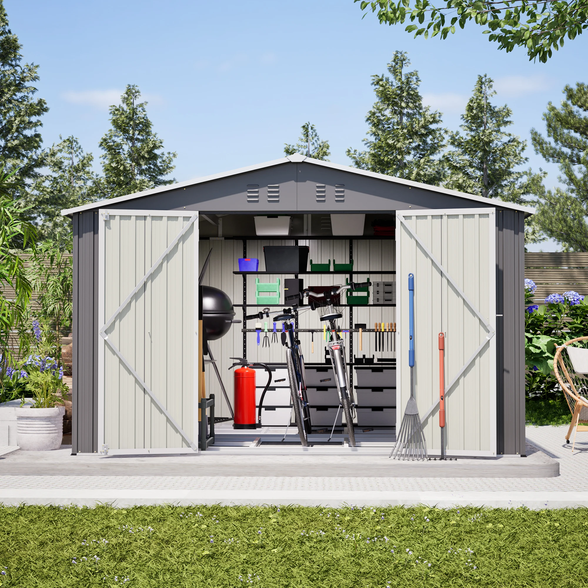 289×239×191cm Outdoor-Metall-Gartenschuppen mit verstärktem Metallrahmen, verzinkter Stahl-Werkzeugschuppen mit verstärktem Metallrahmen, wasserdichter und rostfreier Gartenschuppen mit Doppeltüren
