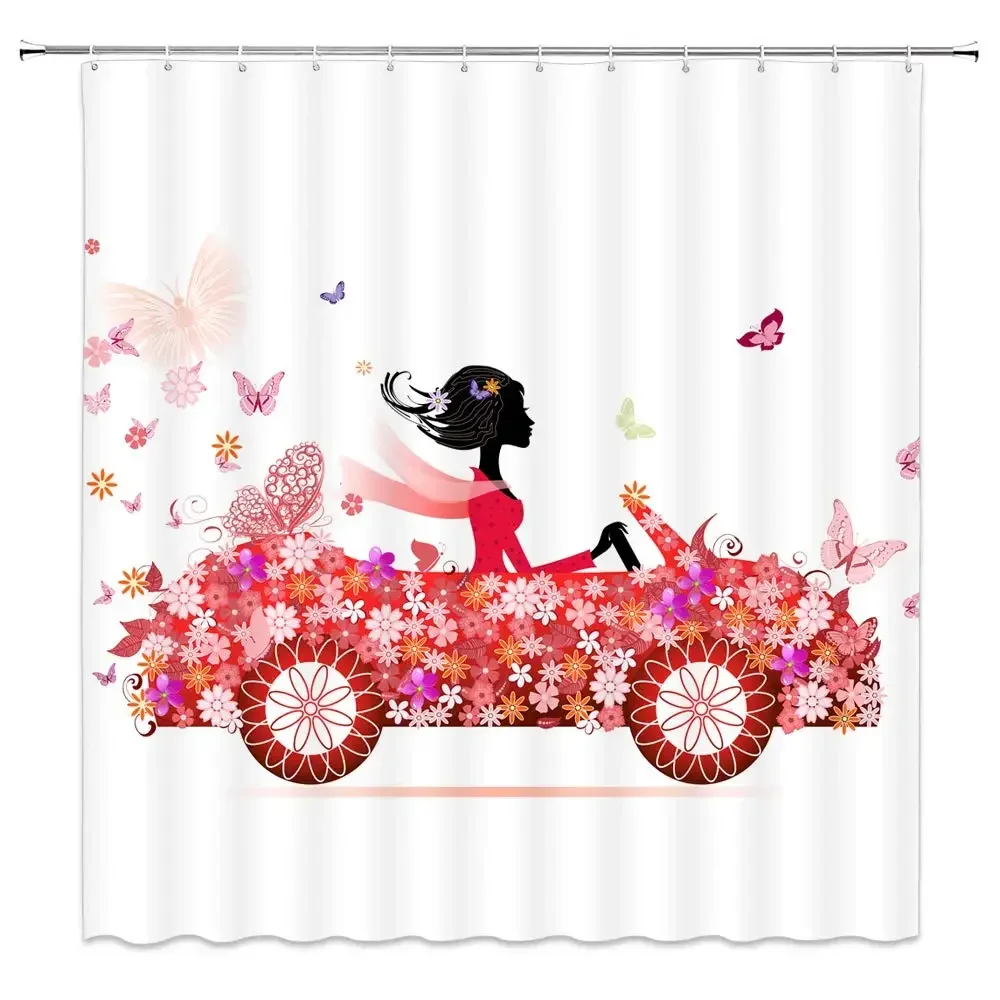 African Lady Shower Curtain Decor Black Girl Driving Flower Car