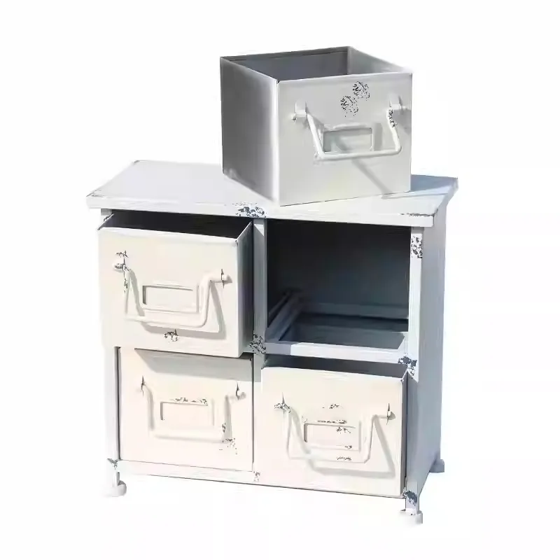 Vintage White Metal File Cabinet, Shabby Chic Garden Storage Organizer, Rustic Farmhouse 4-Drawer Display Shelf