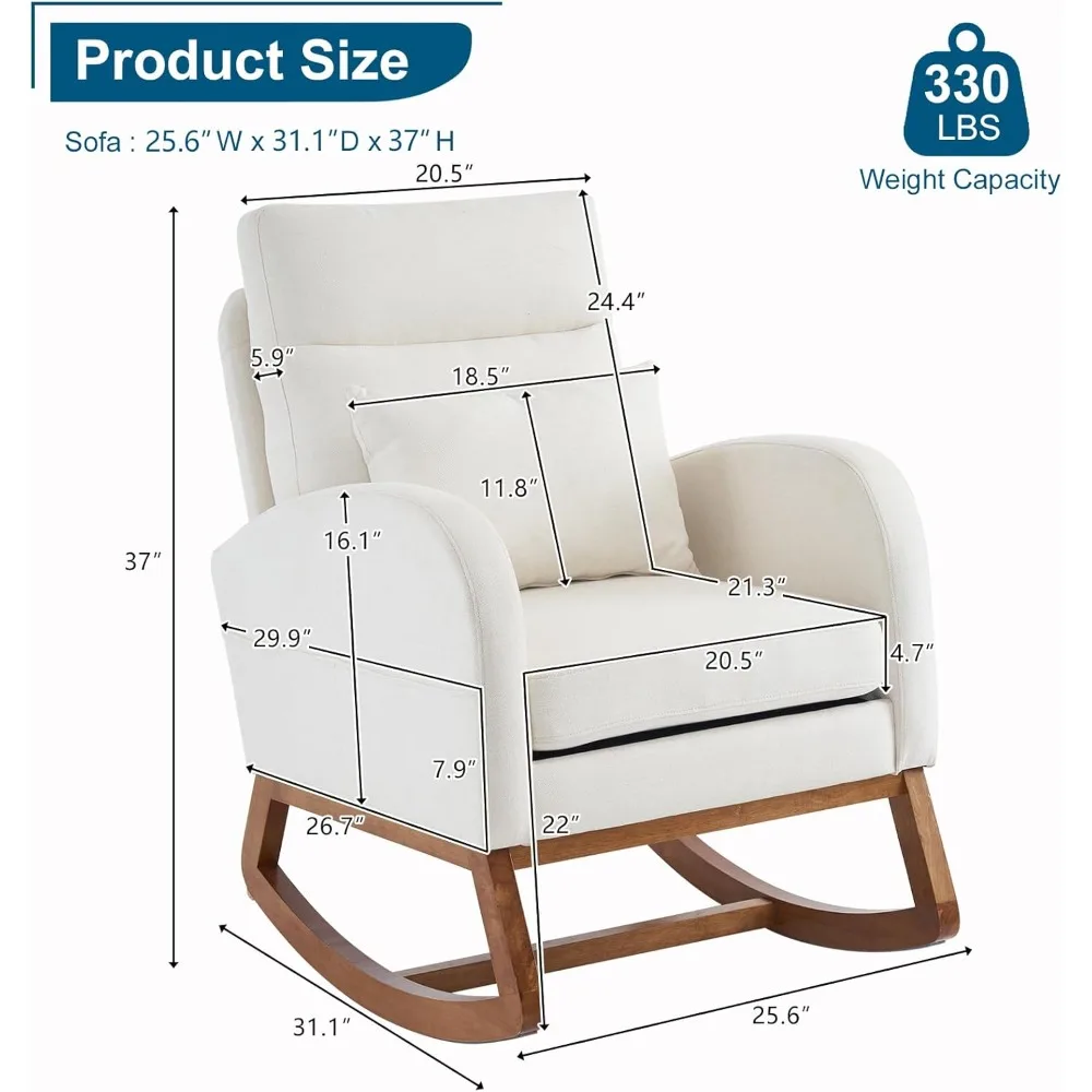 Beige Linen Rocking Chair Nursery with Thick Headrest,Upholstered Mid-century Modern Nursing Rocker Glider, Solid Wood Base