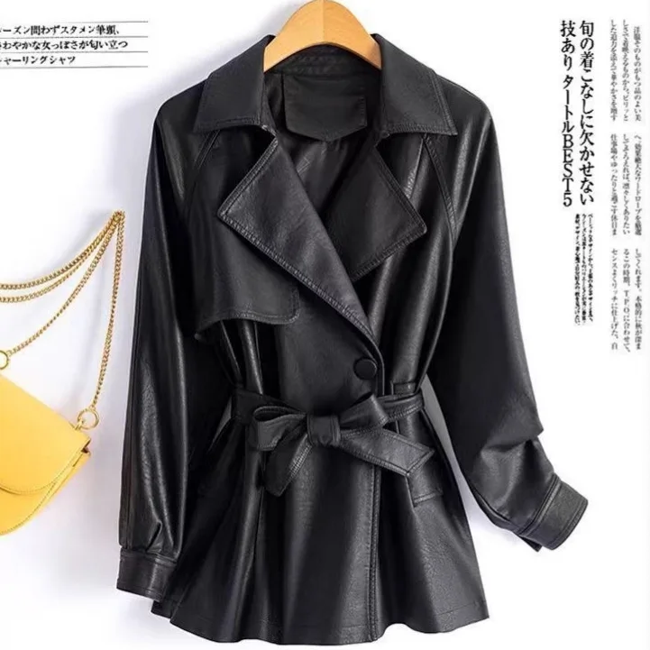 Street Women's Cropped Leather Jackets With Belt Lapel Double Breasted Pockets Long Sleeve Coat 2026 Autumn Lady Vintage Outwear