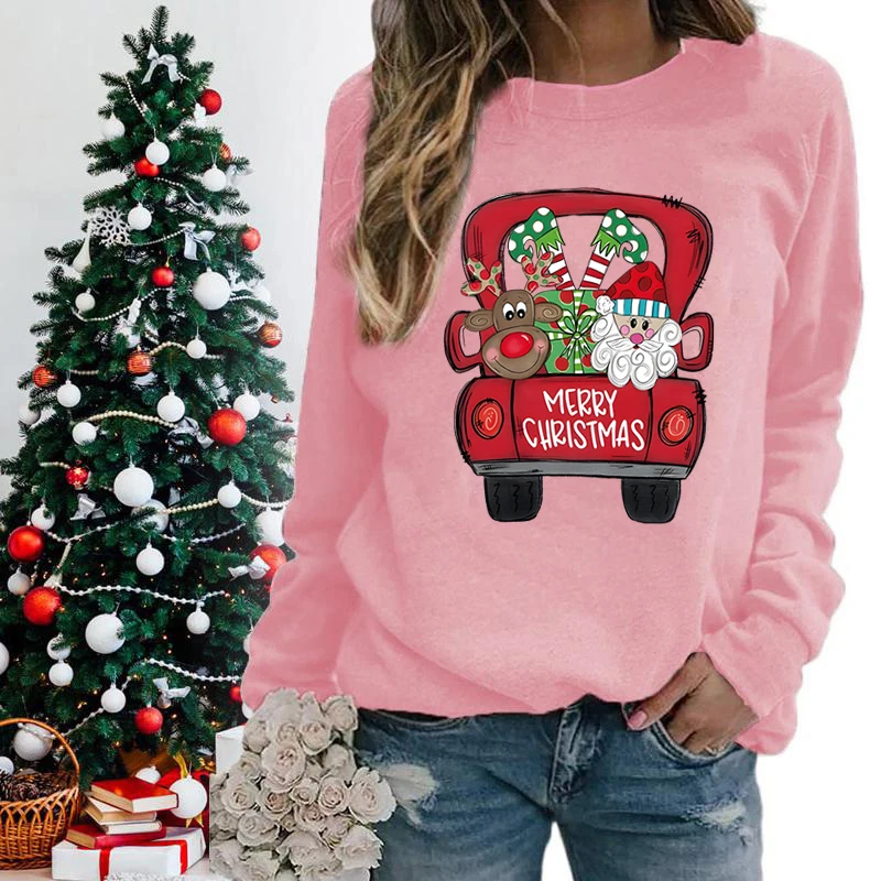 Kaus lengan panjang grafis untuk wanita, Sweatshirt motif truk Natal lengan panjang lucu