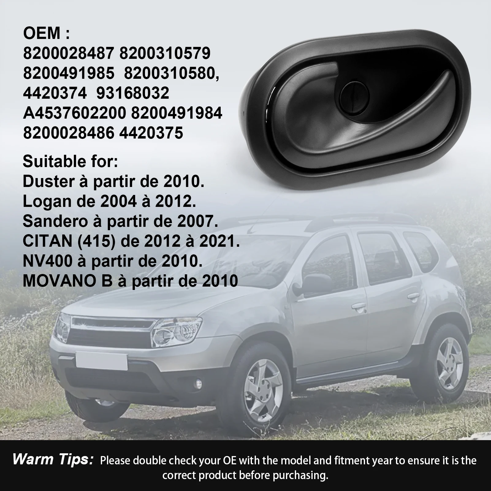 1pair Interior Door Handles for Dacia Clio 3 (2010) Kangoo Master 3 Megane  Scenic2 Twingo 2 Duster Logan Sandero 8200028487