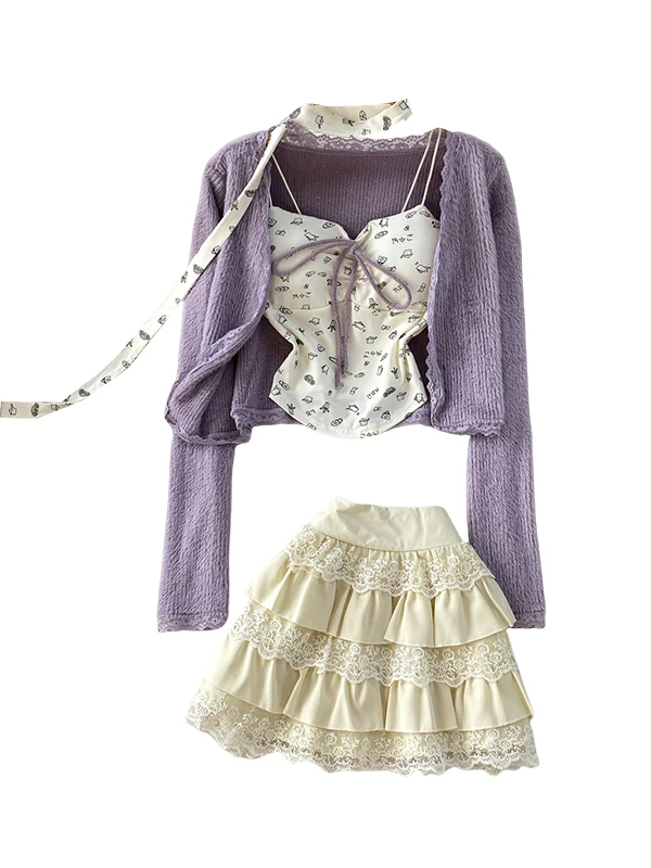 

Мягкая толстовка с кружевной отделкой и комплектом Sa Ele Girl's Faion, включая юбку с высокой талией и принтом V-Ne Long S...