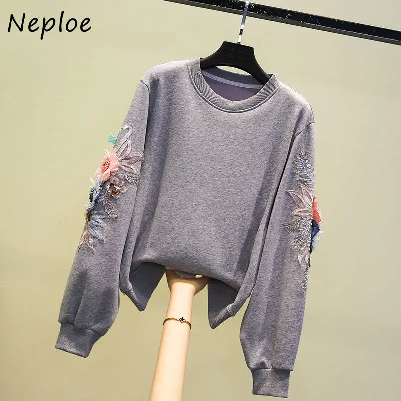 Neploe Autumn Long-sleeved Sweatshirt Women 2024 Korean Three-dimensional Flower Embroidery Hoodies Loose Fashion Jacket Women