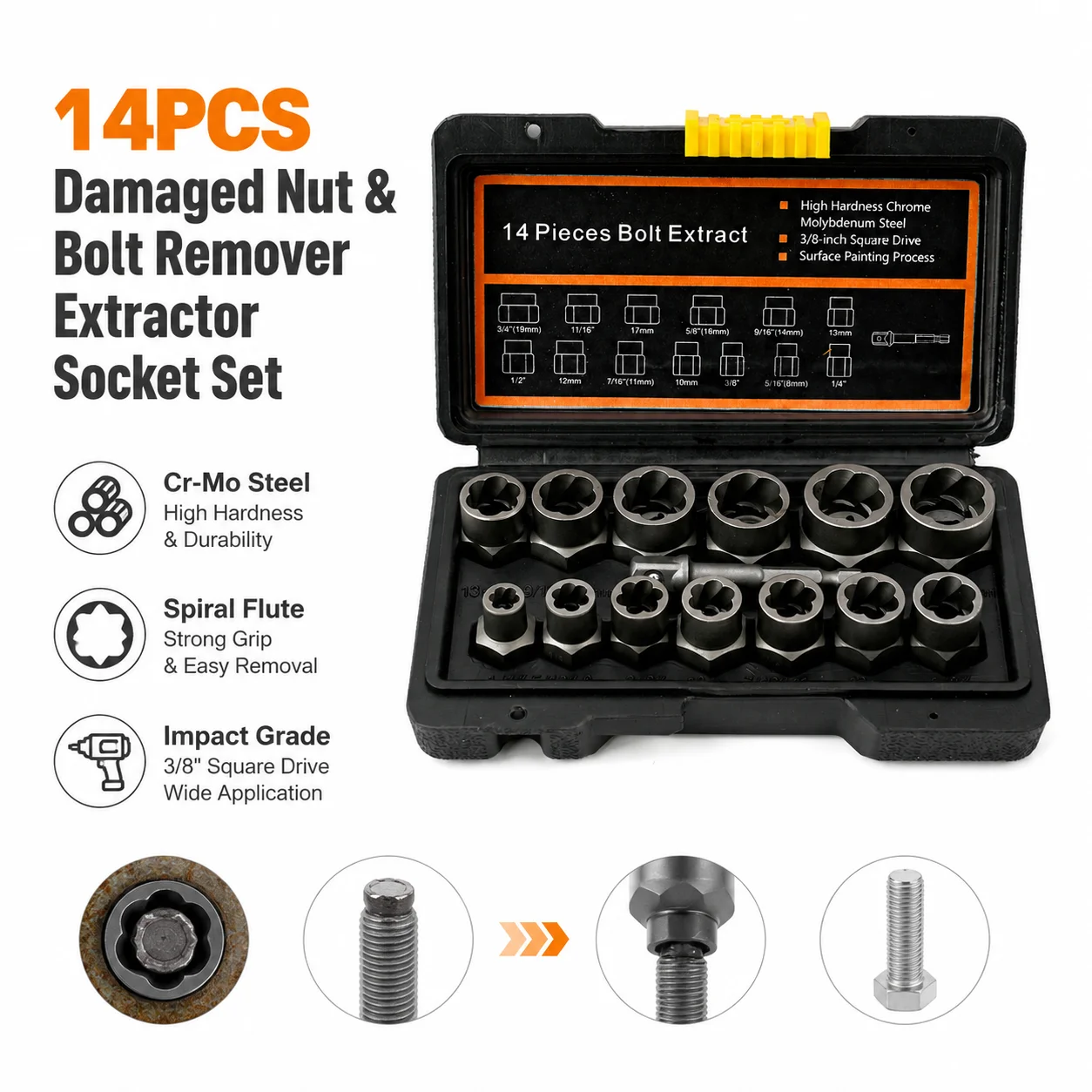 

Cr-Mo Steel 14pcs Damaged Nut & Bolt Remover Extractor, Impact Socket Set With Storage Case