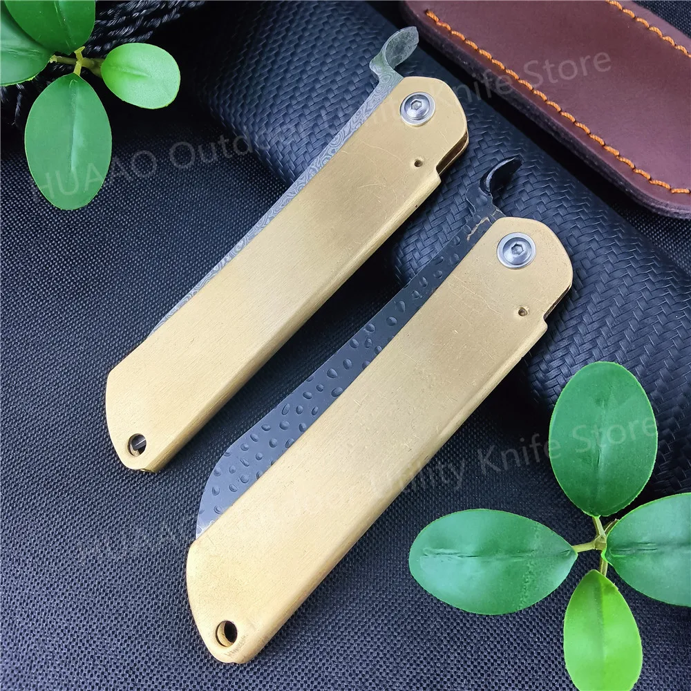 Higonokami Folding Pocket Knife Damascus Steel Blade Copper Handle Outdoor EDC Survival Hunting Camping Hiking Cutting Tool