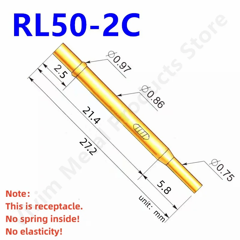 20/100PCS RL50-2C Test Pin PL50-B Receptacle Brass Tube Needle Sleeve Seat Crimp Connect Probe Sleeve 27.2mm Outer Dia 0.86mm