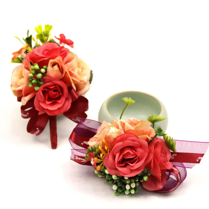 Man แต่งงาน Boutonniere กุหลาบ Corsage กำไลข้อมือแฟชั่นดอกไม้พยาน Buttonhole ชุด Broche Mariage Decor