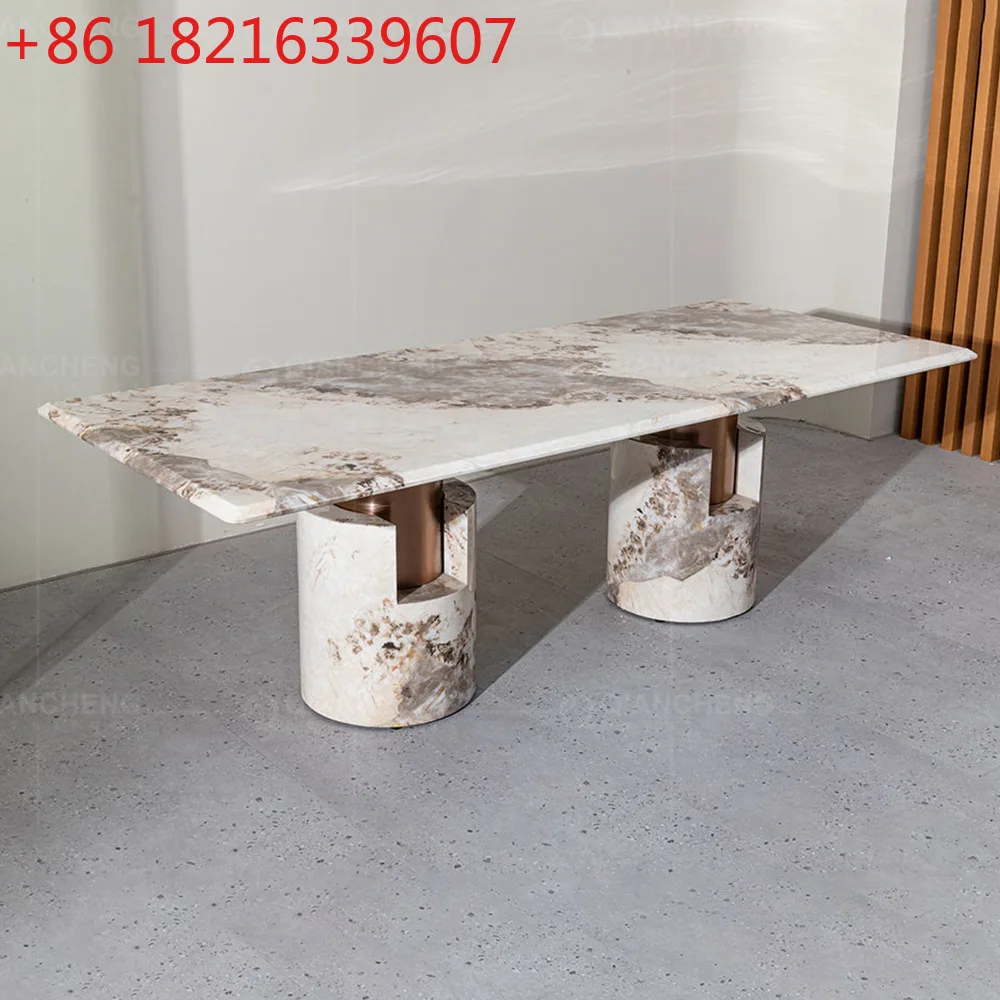 

Spot light luxury marble dining table high-end restaurant furniture 220cm long table stainless steel 8 people