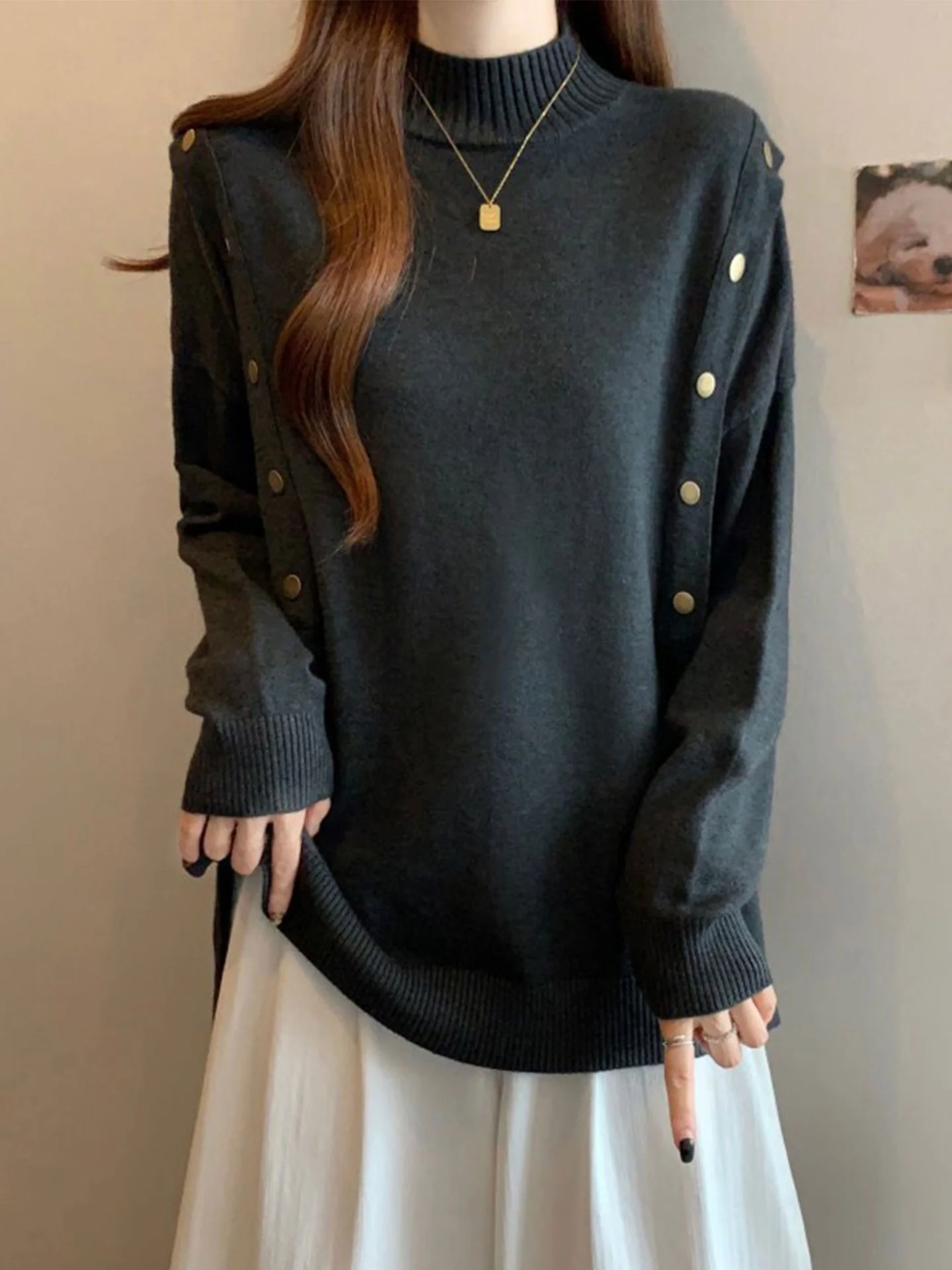 

Свободный длинный свитер с капюшоном и высоким воротником, повседневный, вязаный, женский, больших размеров, осенне-зимняя новинка