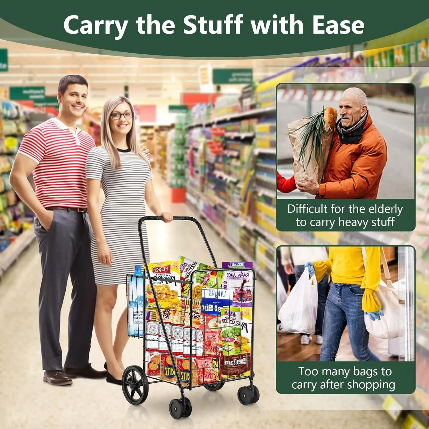 Jumbo Folding Shopping Cart with Rolling Swivel Wheels, Foldable Grocery Cart on Wheels with Double Basket, Heavy Duty Utility