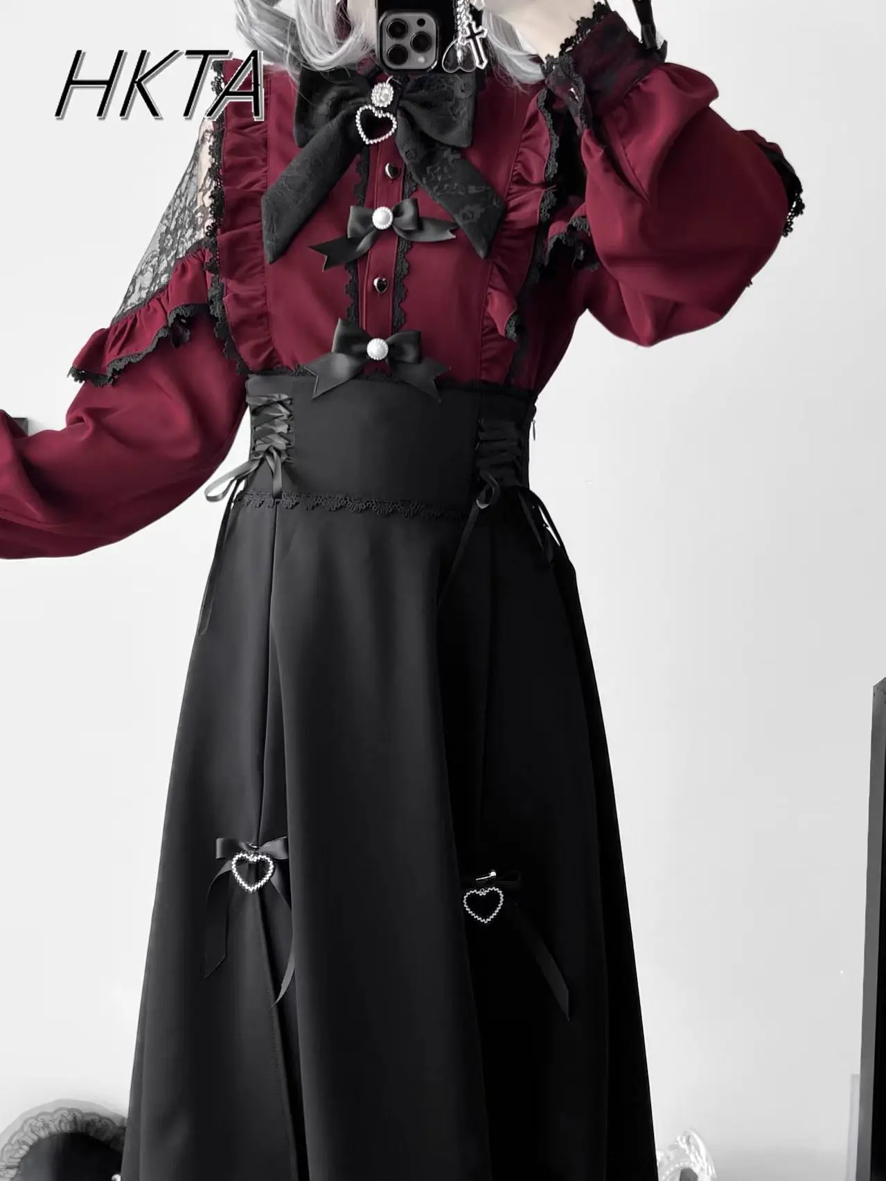 Original Lolita Skirt Mass-produced Japanese Mine Bow Lace Long-sleeve Shirt High-waist Slim-fitting Black Long Skirt Blouse Set