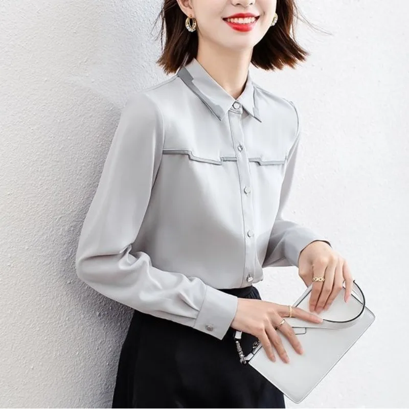 Summer Women\'s 2024 New Patchwork Shirt Collar Button Solid Color Elegant Slim Fit Versatile Casual Long Sleeved Blouses Shirts