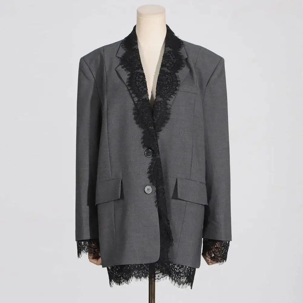 VGH Chic Solid Spliced Lace Edge Blazers For Women Notched Collar Long Sleeve Temperament Designer Coats Female Clothes Style