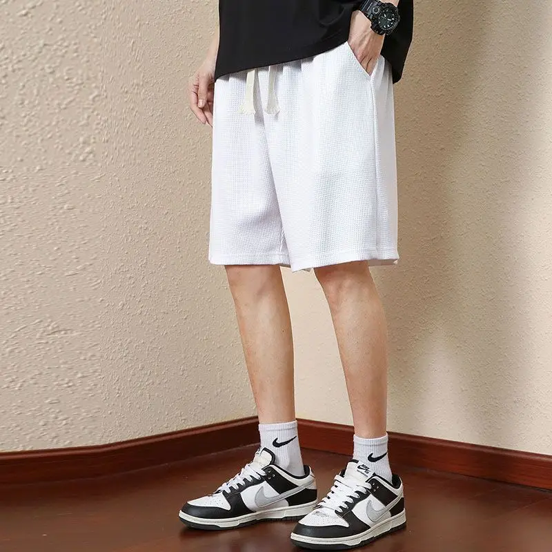 Summer Fashion Versatile Waffle Loose Casual Shorts Men Solid Elastic Waist Drawstring Pocket Breathable Thin Sport Short Pants