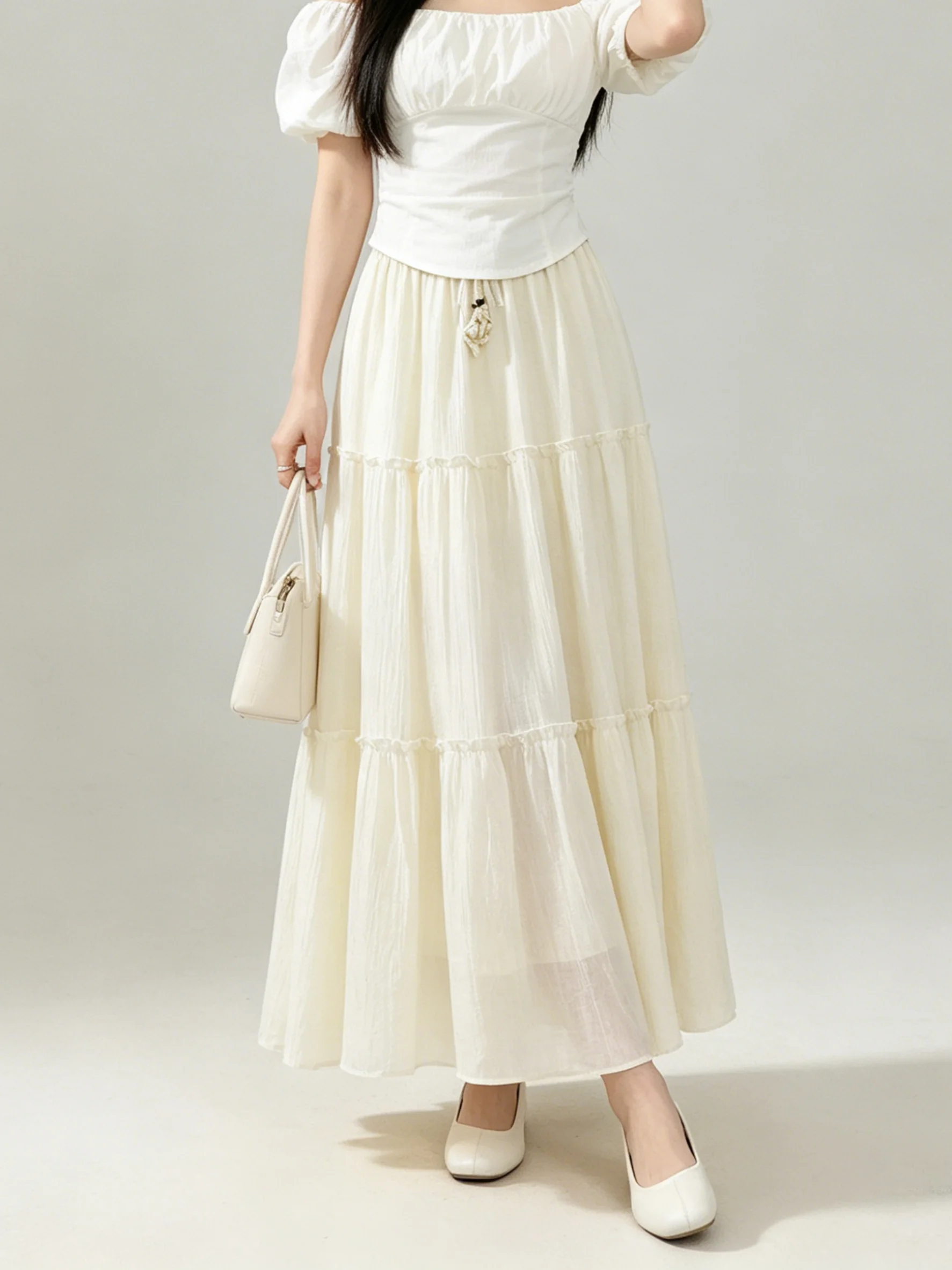 Korean Style Loose A-Line Skirt with Wooden  Bows Slimming Drapey Summer Long Skirt Casual mid Waist Standard Fit