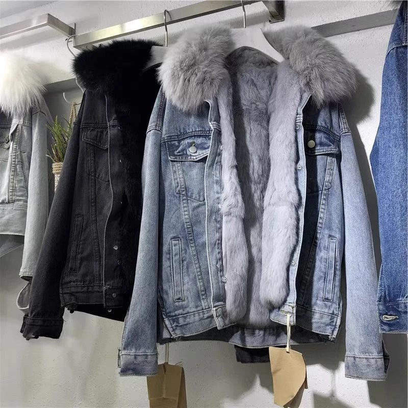 Winter Denim Jacket Hooded Coat Women Removable Fur Collar Fleece Lined Jeans Jacket Warm