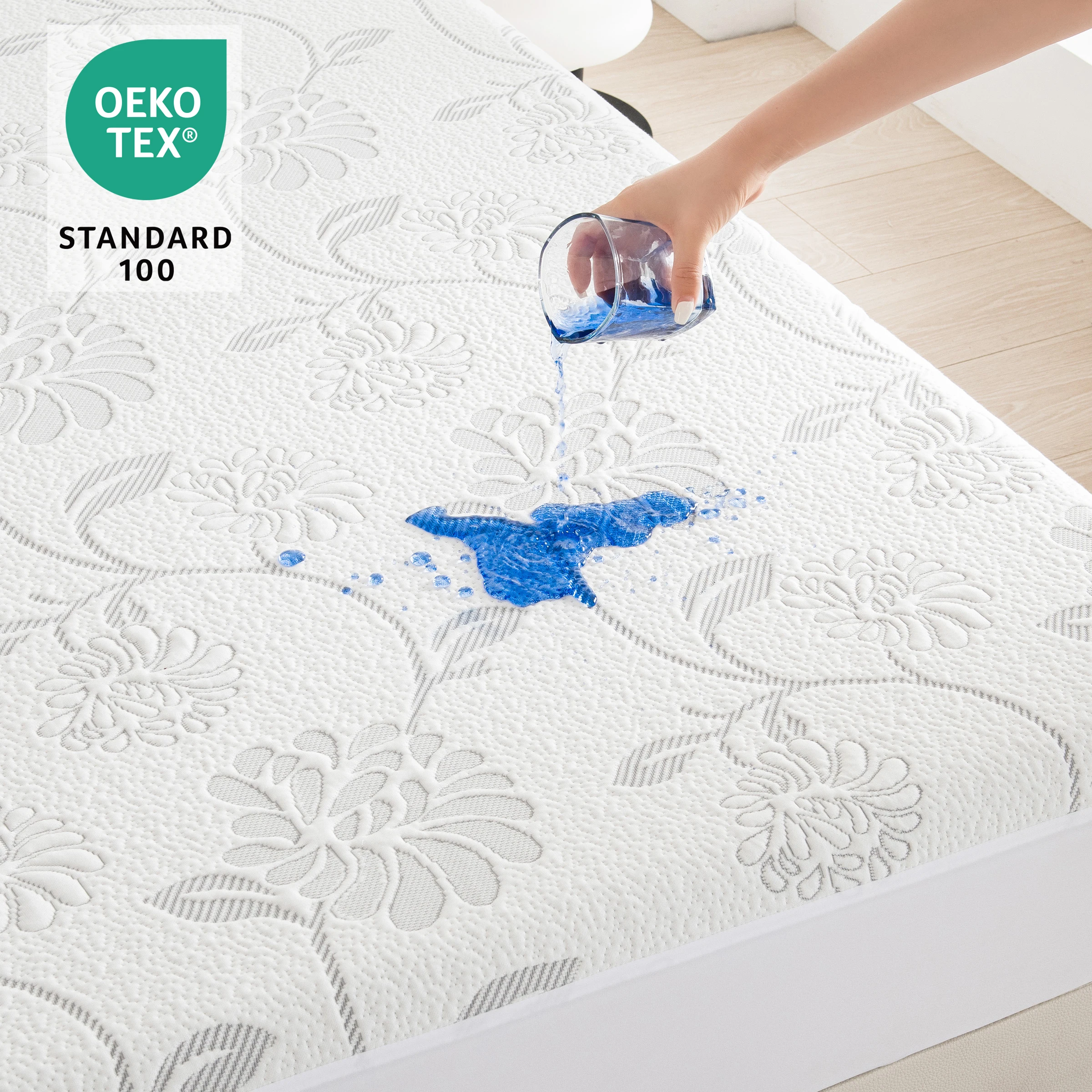 Waterproof Bamboo Fiber Mattress Protector Breathable Fitted Sheet Chrysanthemum Print Premium Elegant